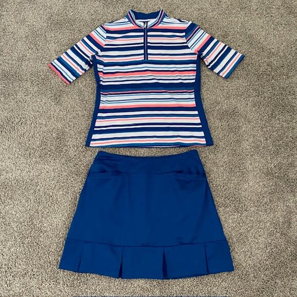 Tail Set Skort Top Short Sleeve Mock Neck Striped Polo Shirt Blue Skort Women M - Picture 12 of 12